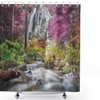 Colorful Forest Waterfall Shower Curtain - Bushes Feigned Stream Trees Grass Bathroom Decor