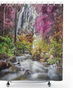 Colorful Forest Waterfall Shower Curtain - Bushes Feigned Stream Trees Grass Bathroom Decor