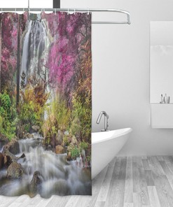 Colorful Forest Waterfall Shower Curtain - Bushes Feigned Stream Trees Grass Bathroom Decor