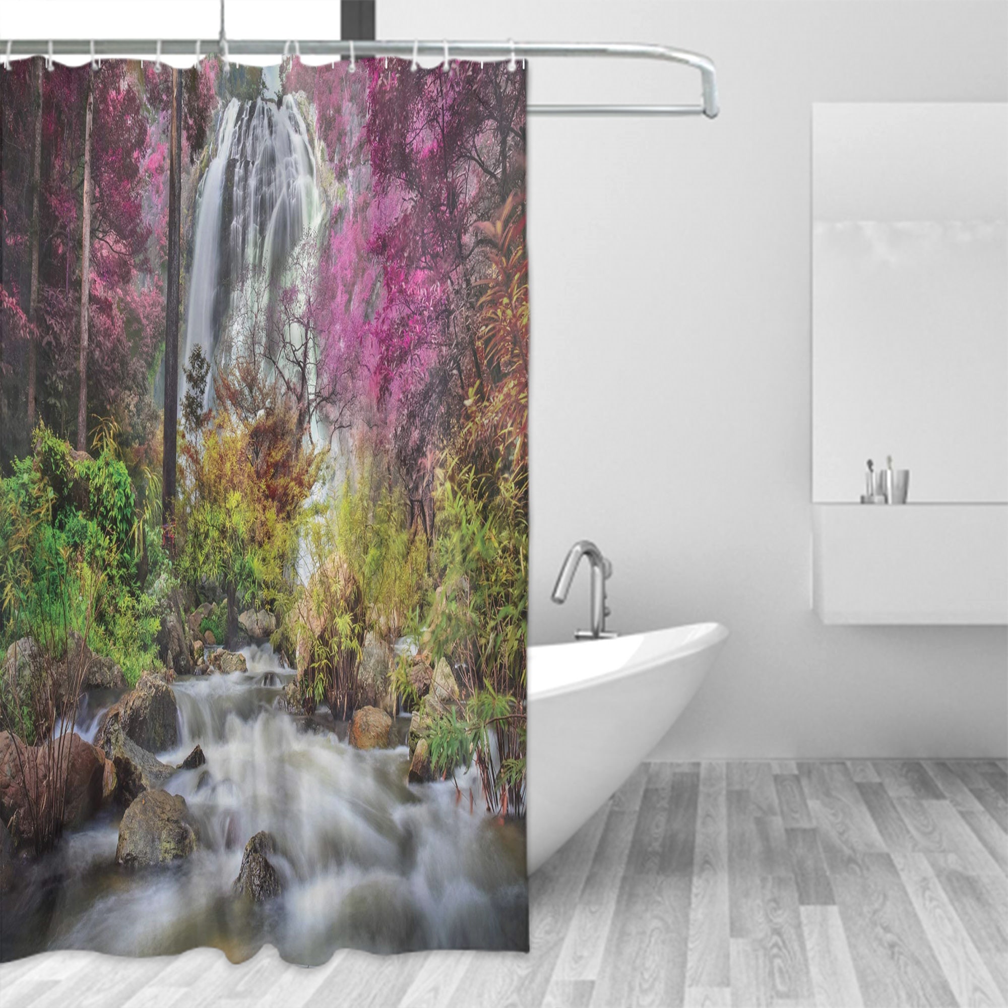 Colorful Forest Waterfall Shower Curtain - Bushes Feigned Stream Trees Grass Bathroom Decor