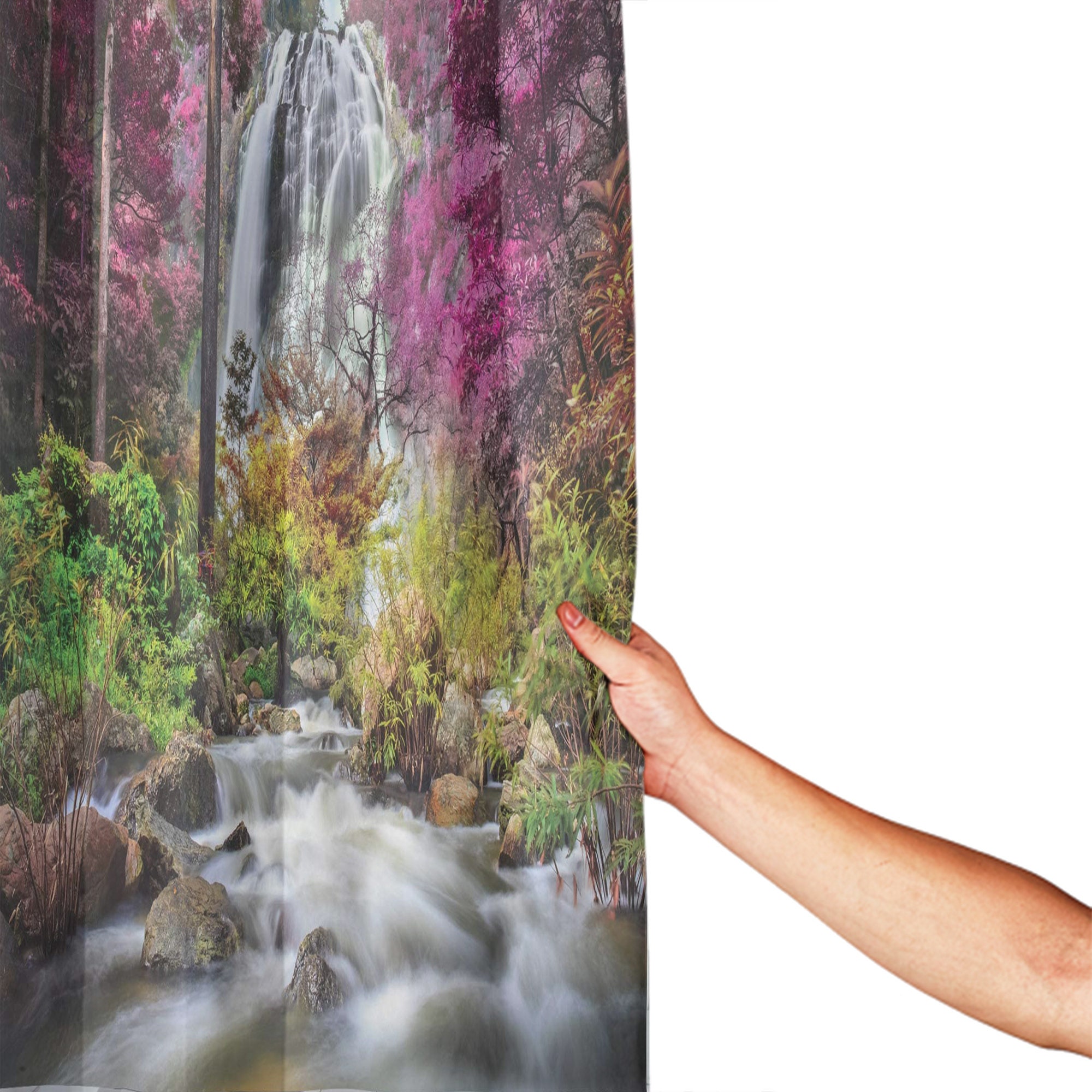 Colorful Forest Waterfall Shower Curtain - Bushes Feigned Stream Trees Grass Bathroom Decor