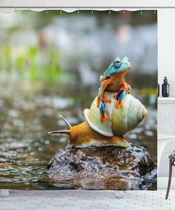 Colorful Frog Above The Snail Riverscape Water Rock Amphibian Animals Print Shower Curtain