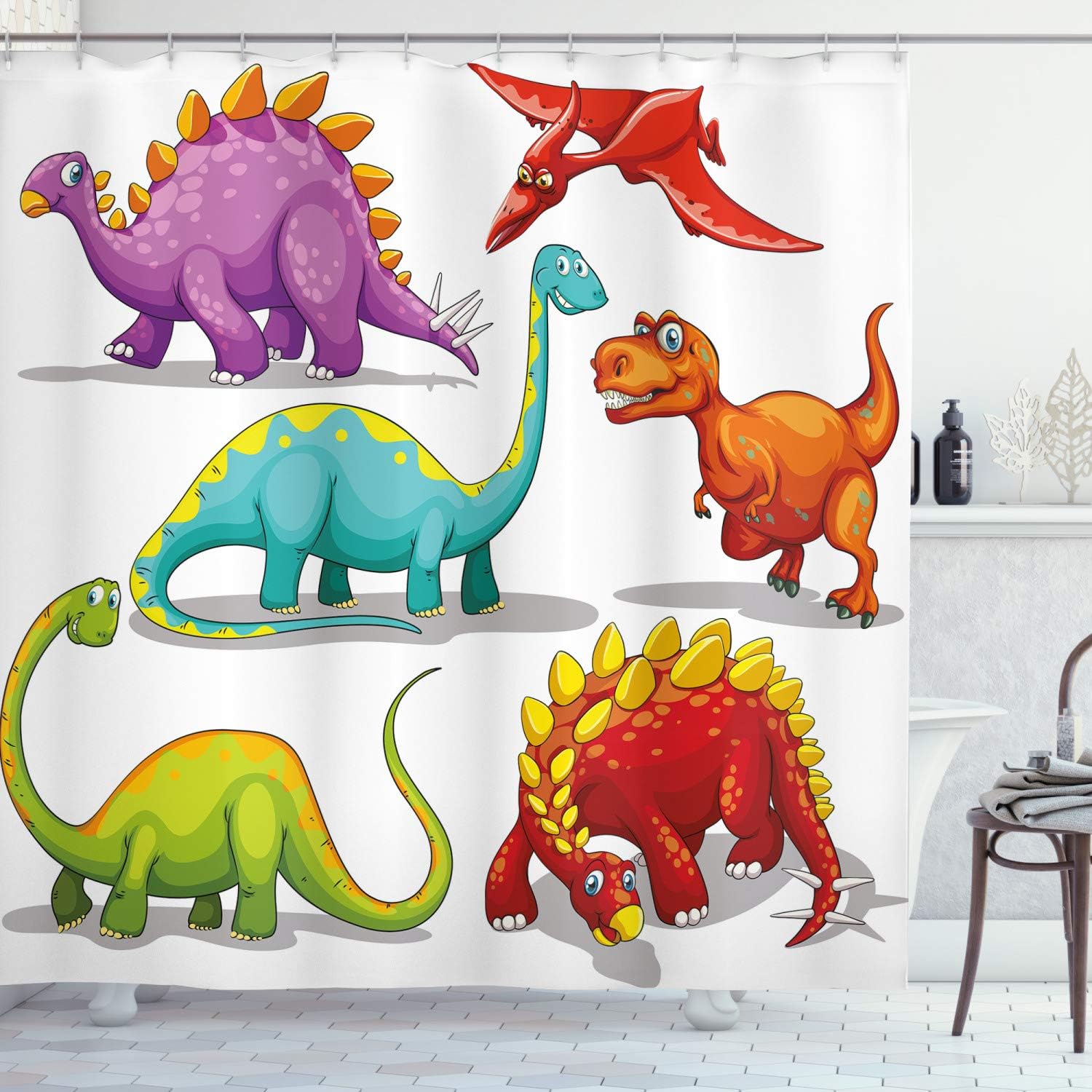 Colorful Funny Different Dino Themed Friendly Extinct Animals Ice Age Shower Curtain - Cloth Fabric Bathroom Decors