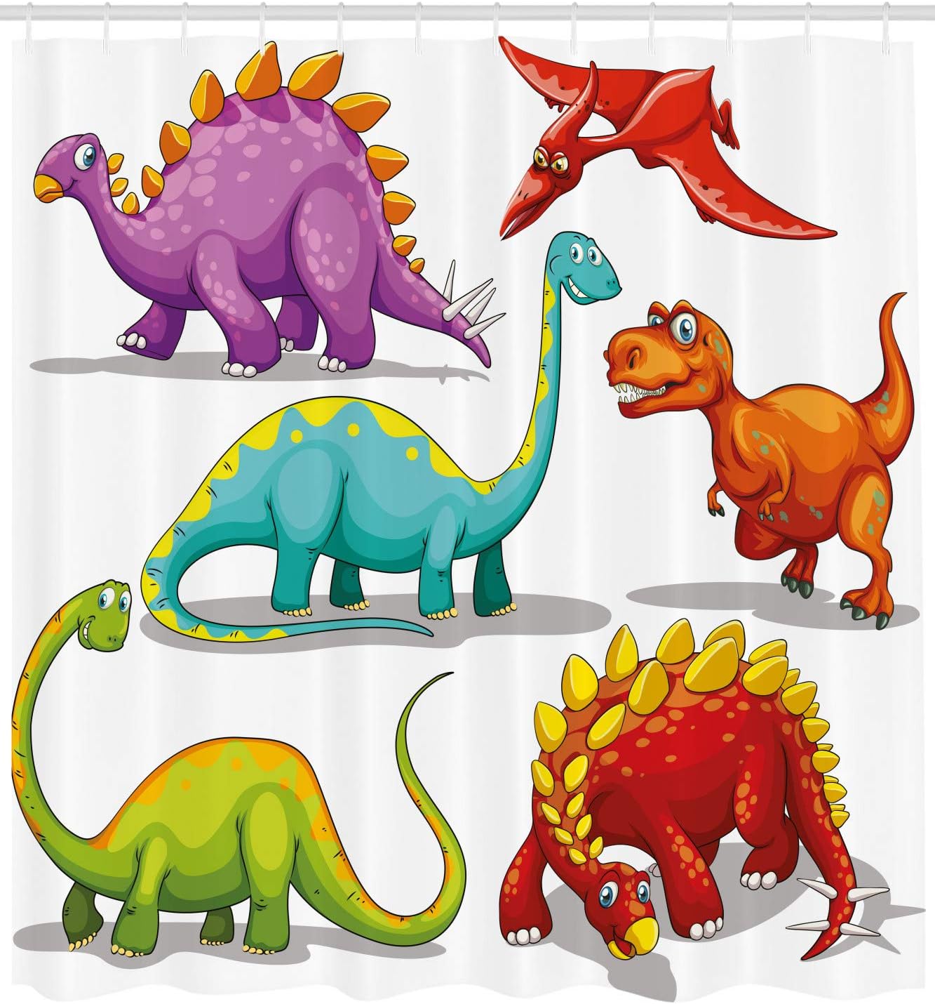 Colorful Funny Different Dino Themed Friendly Extinct Animals Ice Age Shower Curtain - Cloth Fabric Bathroom Decors - Image 2