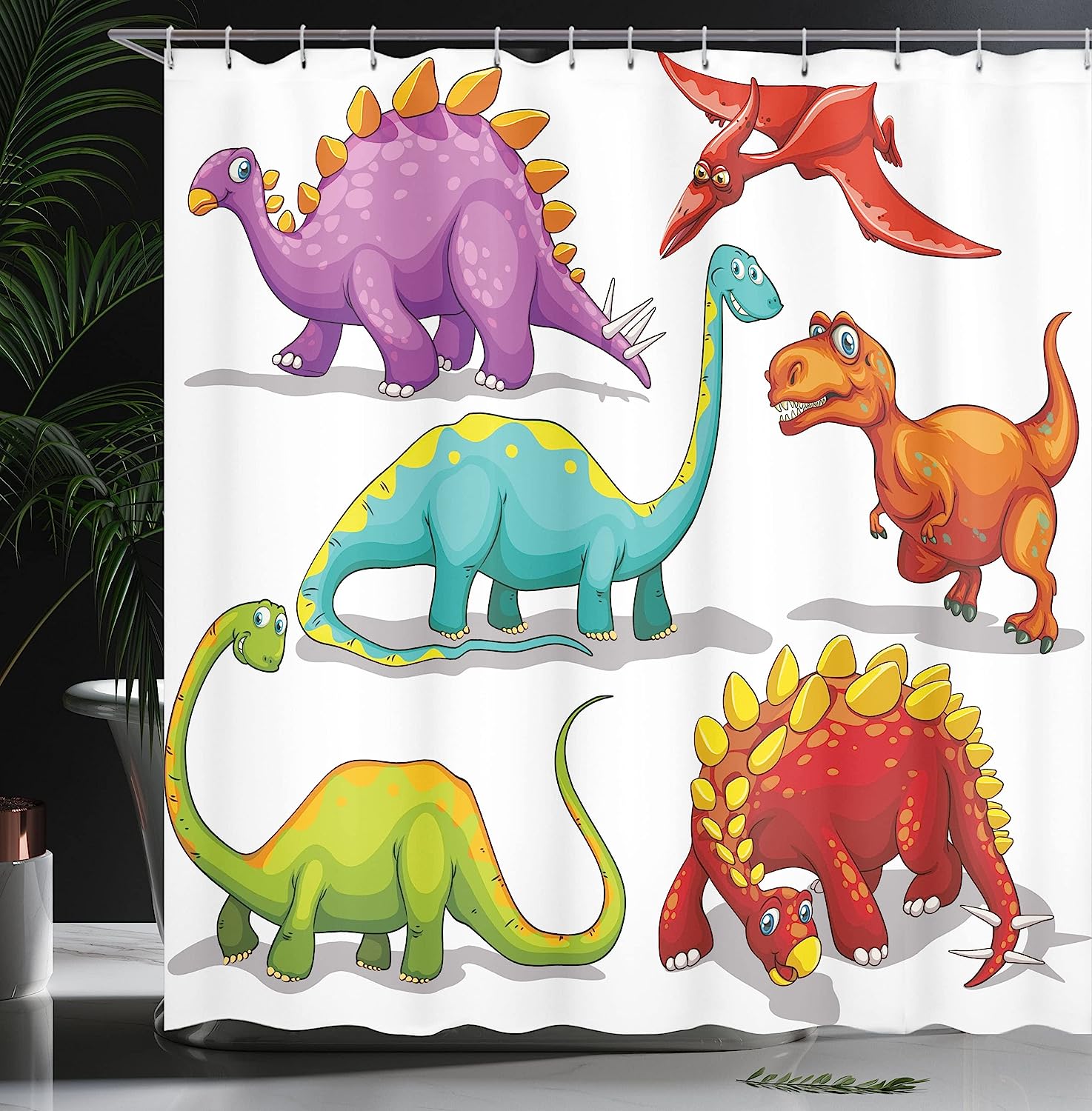 Colorful Funny Different Dino Themed Friendly Extinct Animals Ice Age Shower Curtain - Cloth Fabric Bathroom Decors - Image 3