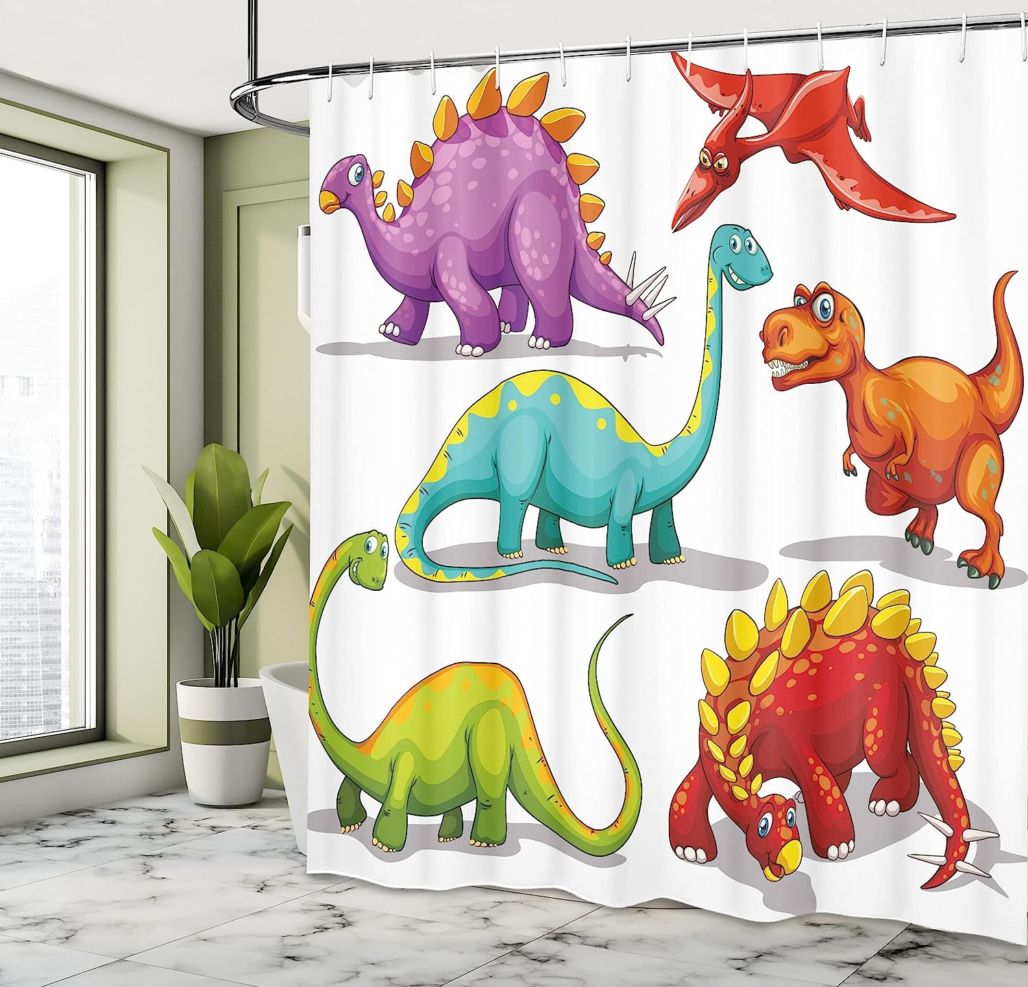 Colorful Funny Different Dino Themed Friendly Extinct Animals Ice Age Shower Curtain - Cloth Fabric Bathroom Decors - Image 4