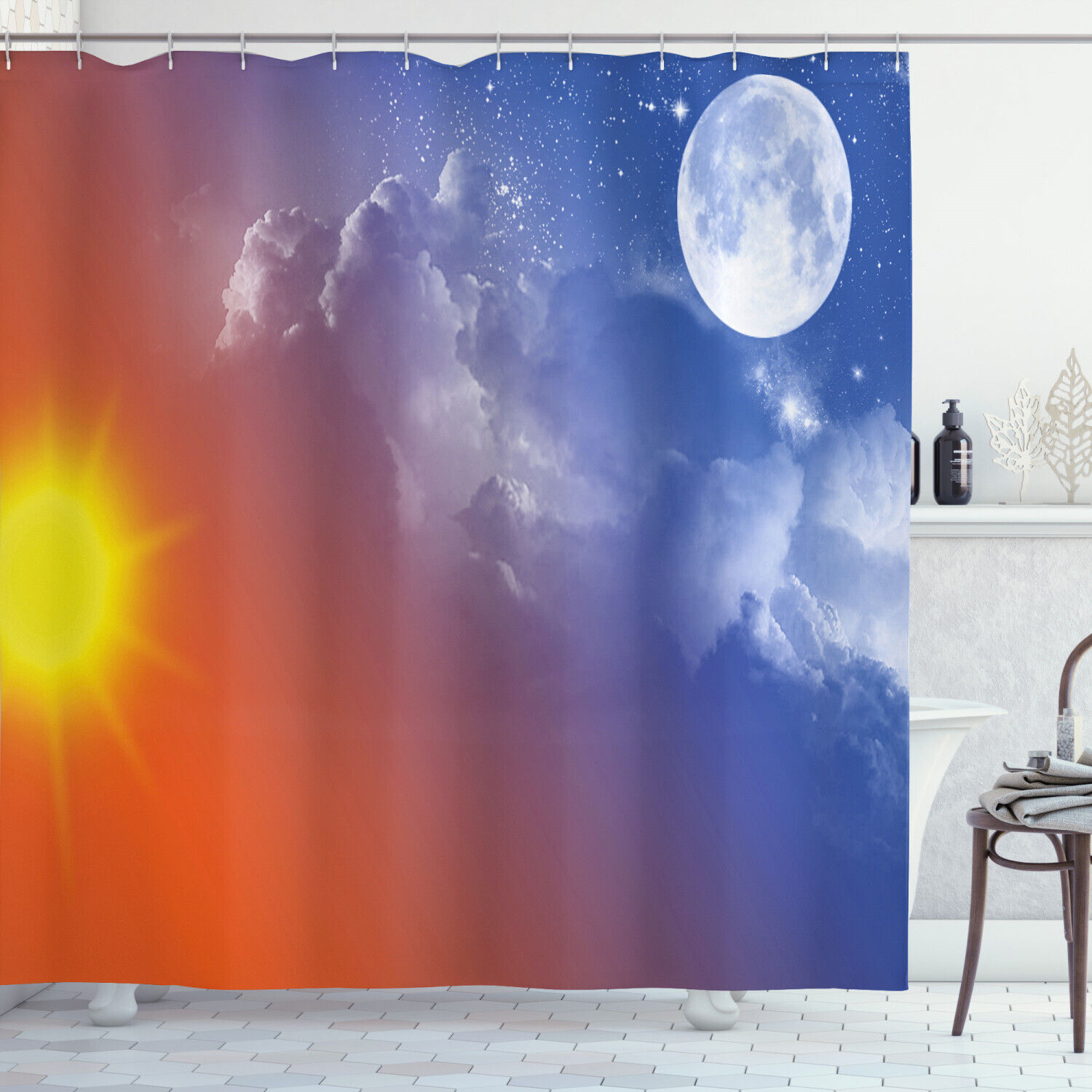 Colorful Galaxy Sun Clouds Print Shower Curtain For Apartment Bathroom