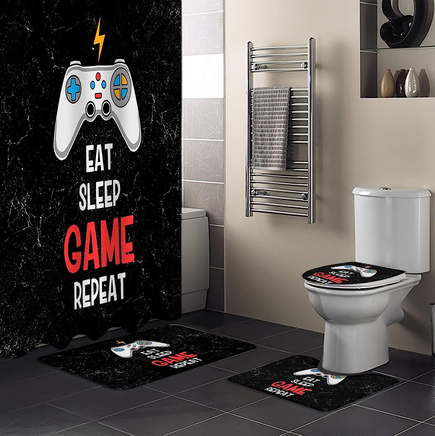 Colorful Gaming-Themed Video Game Art Shower Curtain - Fun Bathroom Decor