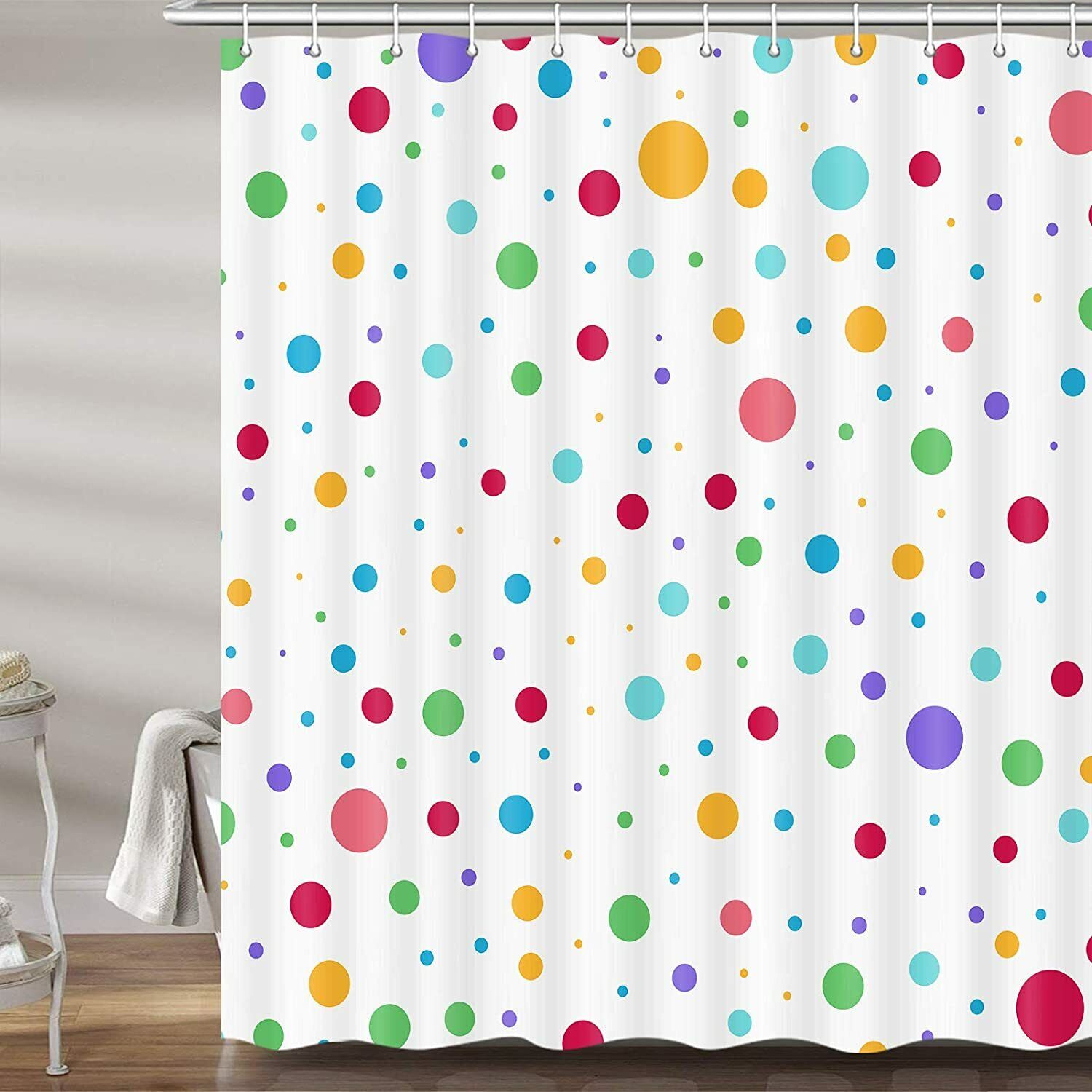 Colorful Geometric Cute Polka Dot Rainbow Shower Curtain for Kid's Bathroom Decor- Waterproof and Fun