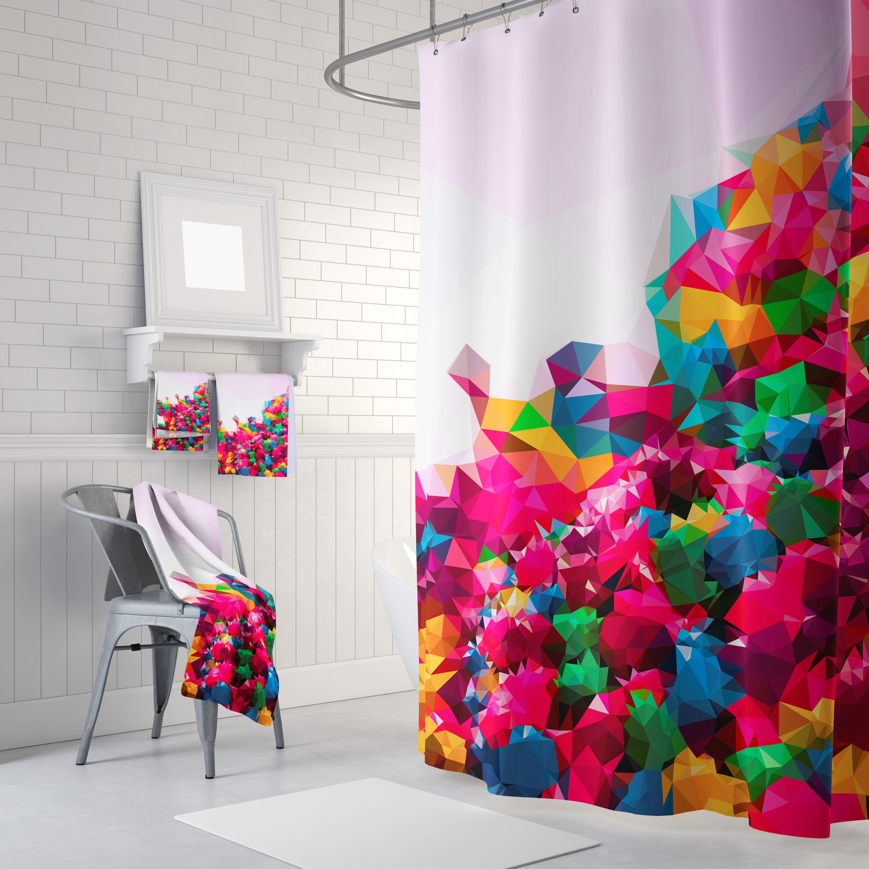 Colorful Geometric Shower Curtain with Rainbow Abstract Pattern and LGBT Pride Quotes