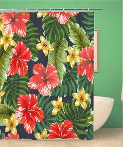 Colorful Hawaiian Flowers on Dark Hibiscus Shower Curtain