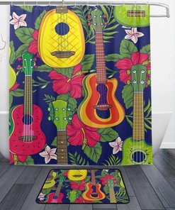 Colorful Hawaiian Fruity Ukulele Flower Shower Curtain Ideas, Waterproof Fabric