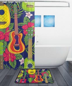 Colorful Hawaiian Fruity Ukulele Flower Shower Curtain Ideas, Waterproof Fabric