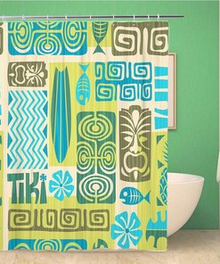 Colorful Hawaiian Tiki And Tribal Flower Pattern Shower Curtain With Surfboard