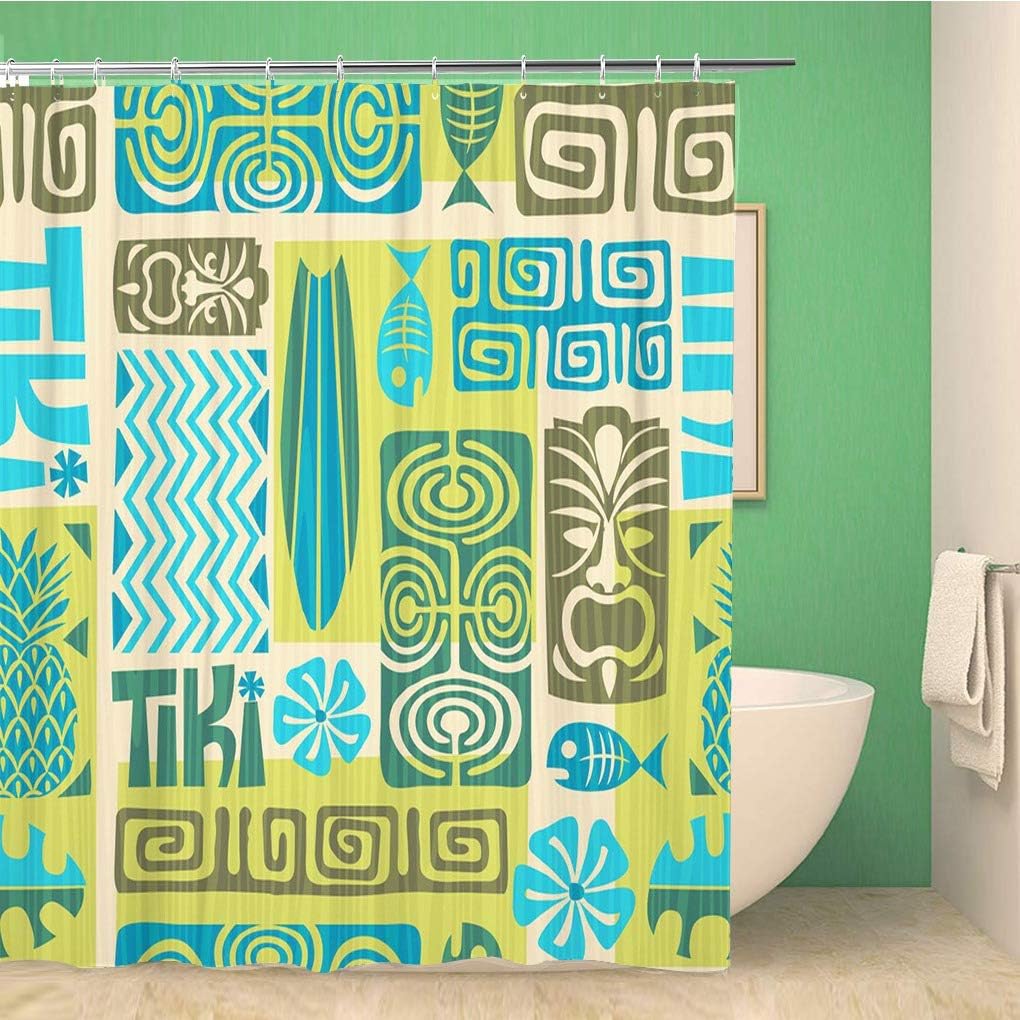Colorful Hawaiian Tiki And Tribal Flower Pattern Shower Curtain With Surfboard