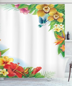 Colorful Hawaiian Tropical Flowers Shower Curtain With Hummingbirds