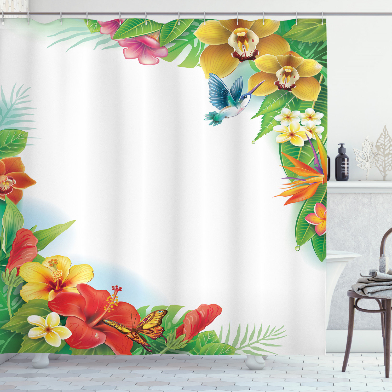 Colorful Hawaiian Tropical Flowers Shower Curtain With Hummingbirds