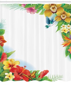 Colorful Hawaiian Tropical Flowers Shower Curtain With Hummingbirds