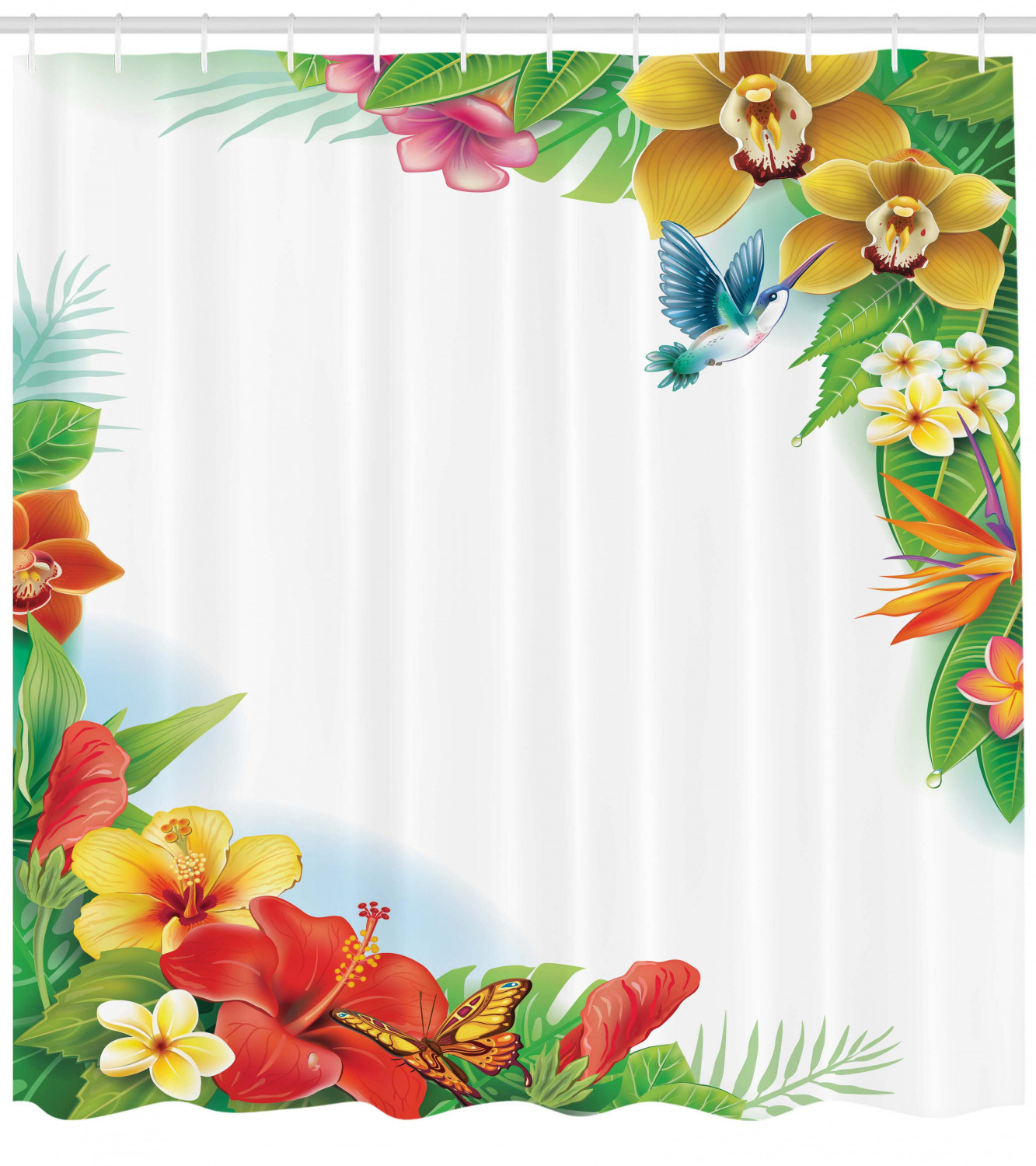 Colorful Hawaiian Tropical Flowers Shower Curtain With Hummingbirds