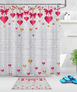 Colorful Heart Ornaments Brick Wall Shower Curtain | Valentine's Day Bathroom Decor