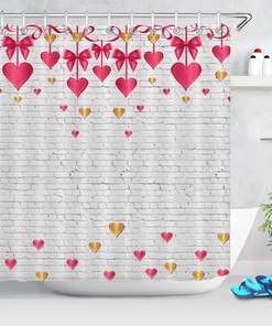 Colorful Heart Ornaments Brick Wall Shower Curtain | Valentine's Day Bathroom Decor