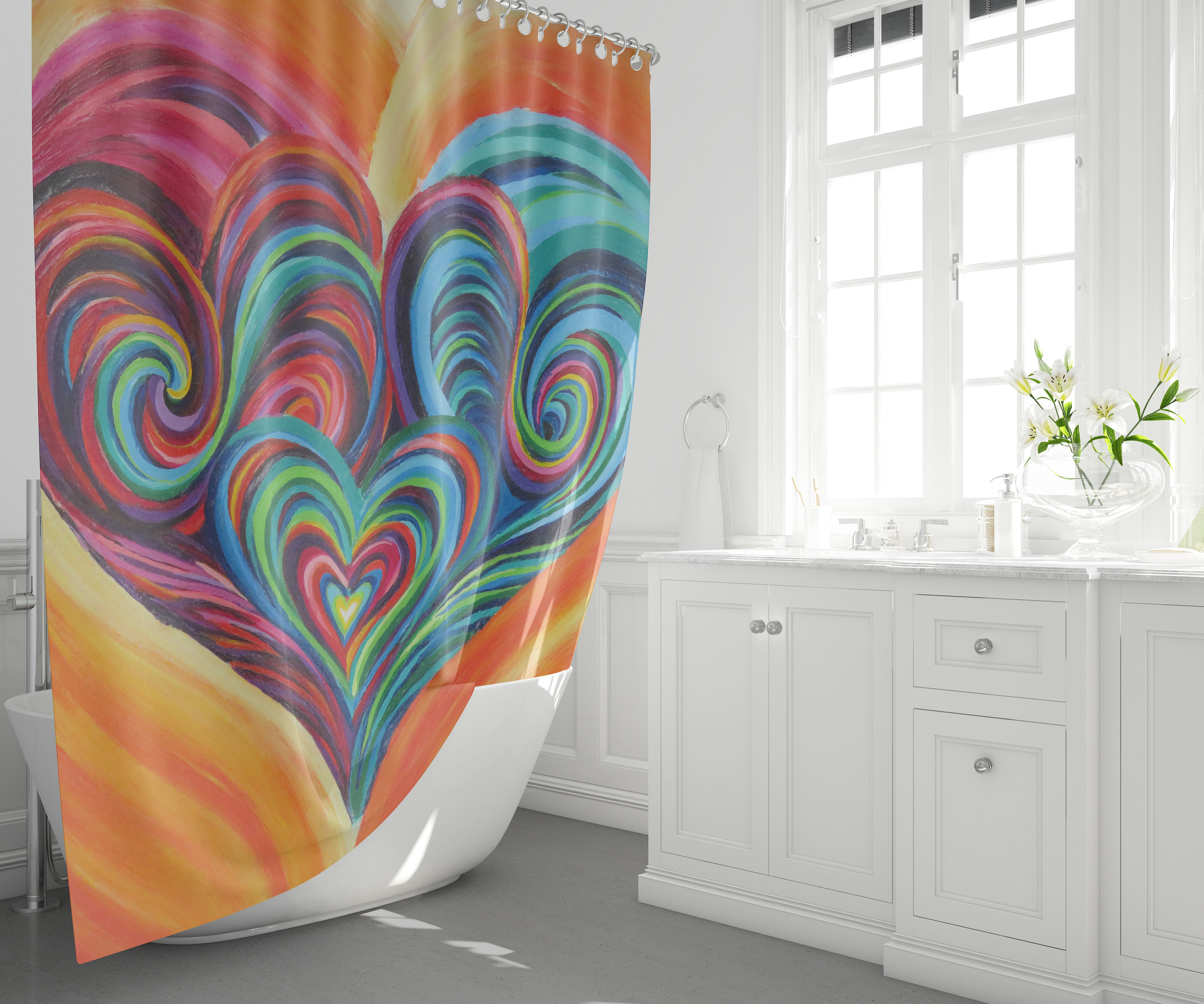 Colorful Heart Psychedelic Shower Curtain To Add Artistic Flair To Your Bathroom