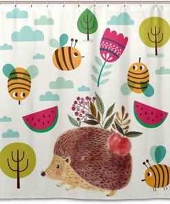 Colorful Hedgehog Bee Shower Curtain, Cute Bathroom Accessory 
