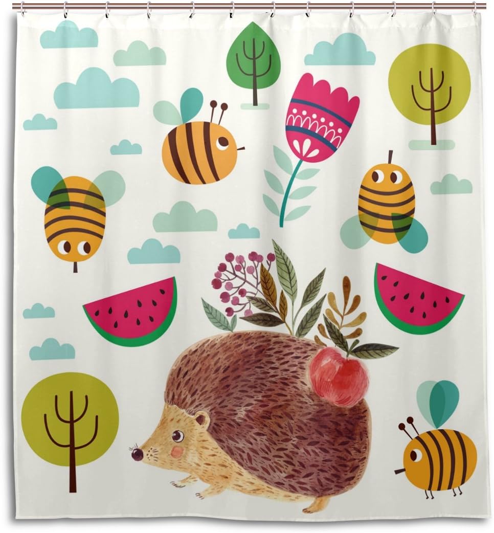 Colorful Hedgehog Bee Shower Curtain, Cute Bathroom Accessory