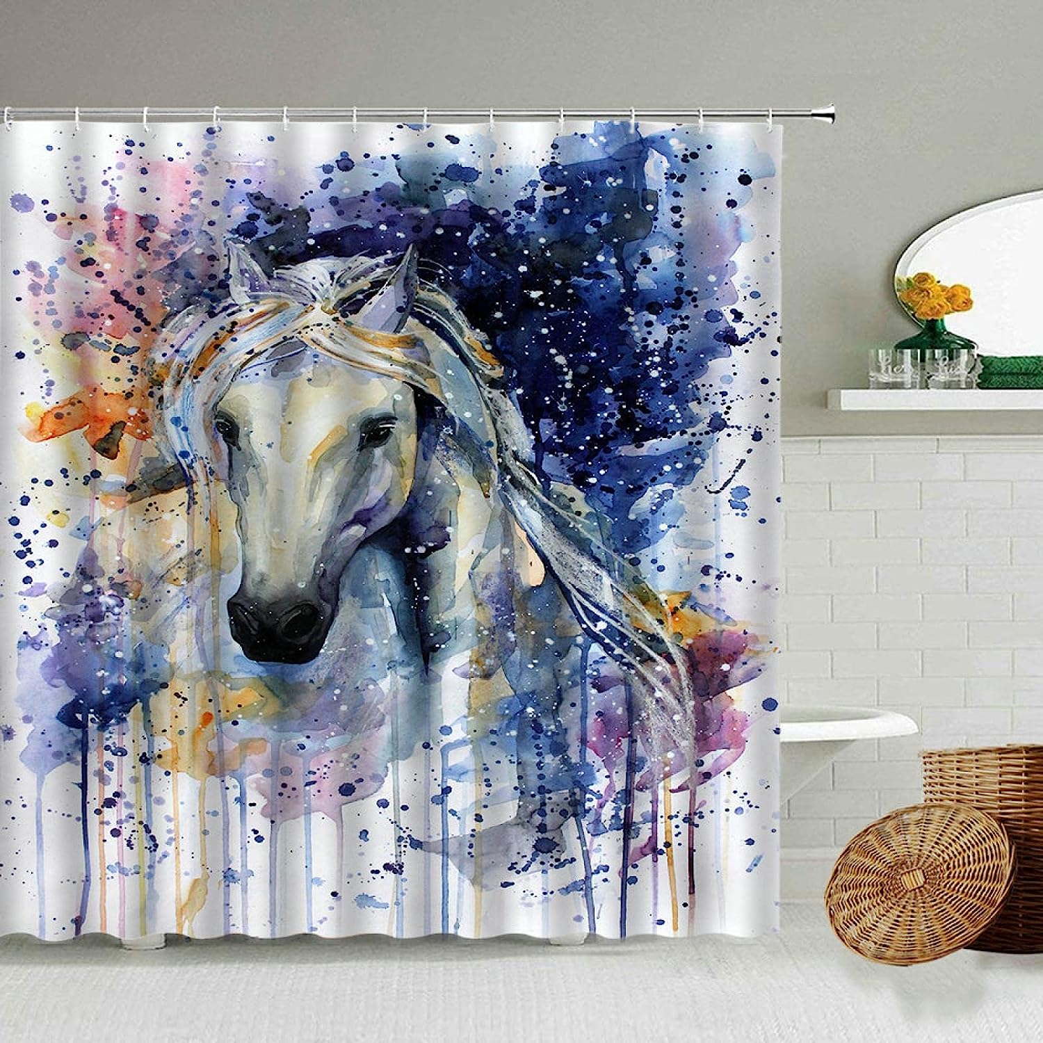 Colorful Horse And Wolf Animal Shower Curtain, Abstract Art Design For Your Bathroom