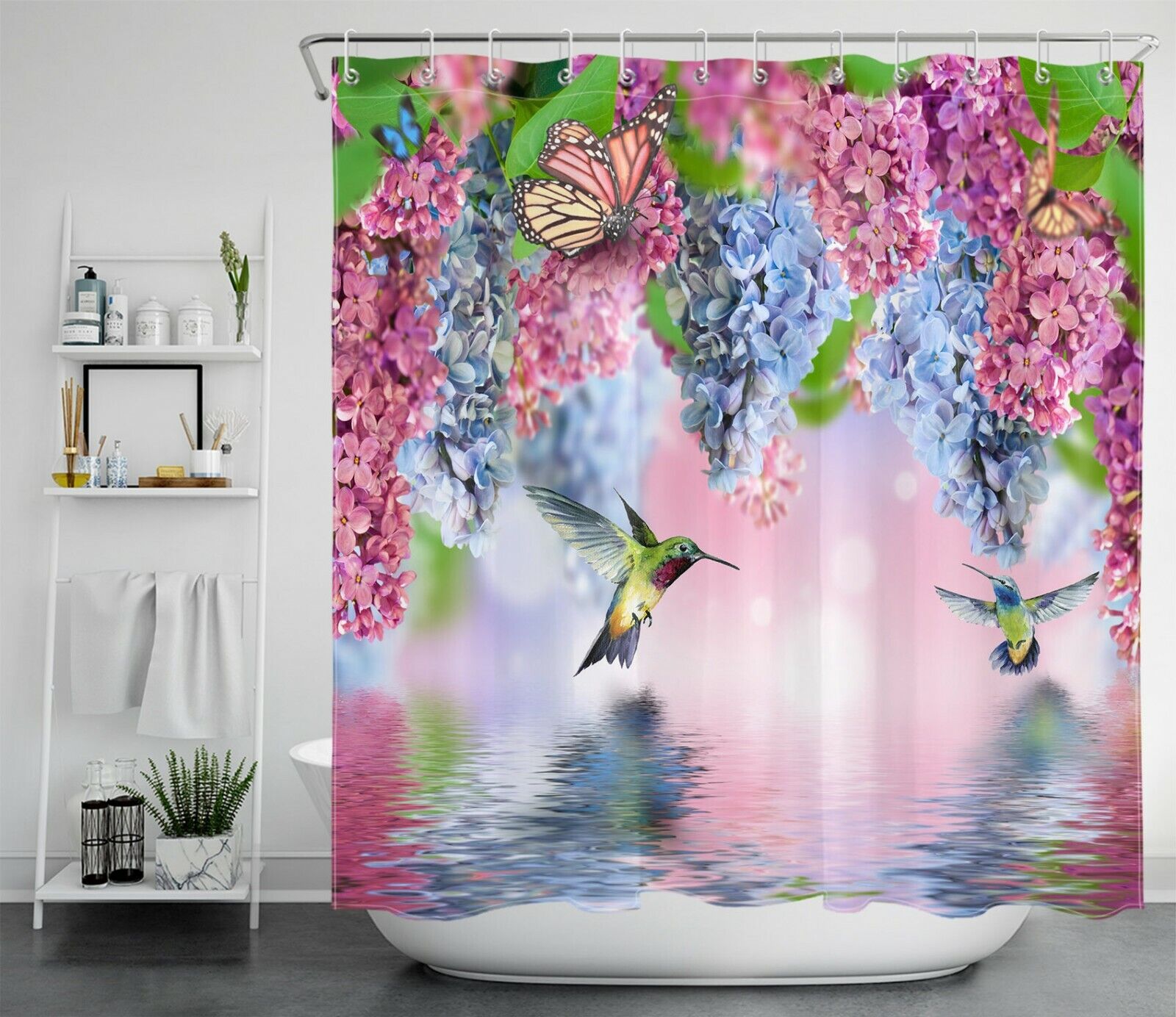 Colorful Hummingbird And Butterfly Printed Shower Curtain For Bathroom