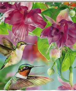 Colorful Hummingbird and Flowers Fabric Shower Curtain for Kids Bathroom Decor