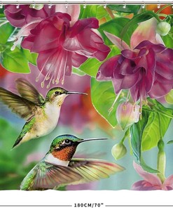 Colorful Hummingbird and Flowers Fabric Shower Curtain for Kids Bathroom Decor