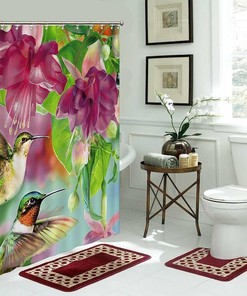 Colorful Hummingbird and Flowers Fabric Shower Curtain for Kids Bathroom Decor