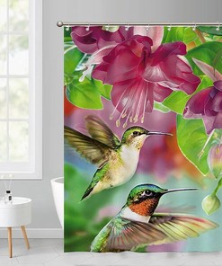 Colorful Hummingbird and Flowers Fabric Shower Curtain for Kids Bathroom Decor