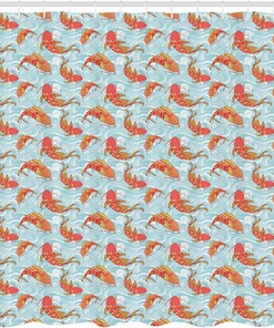 Colorful Japanese Koi Fishes Swimming Shower Curtain, Abstract Sea Waves And River Carps Cloth Fabric Bathroom Decors