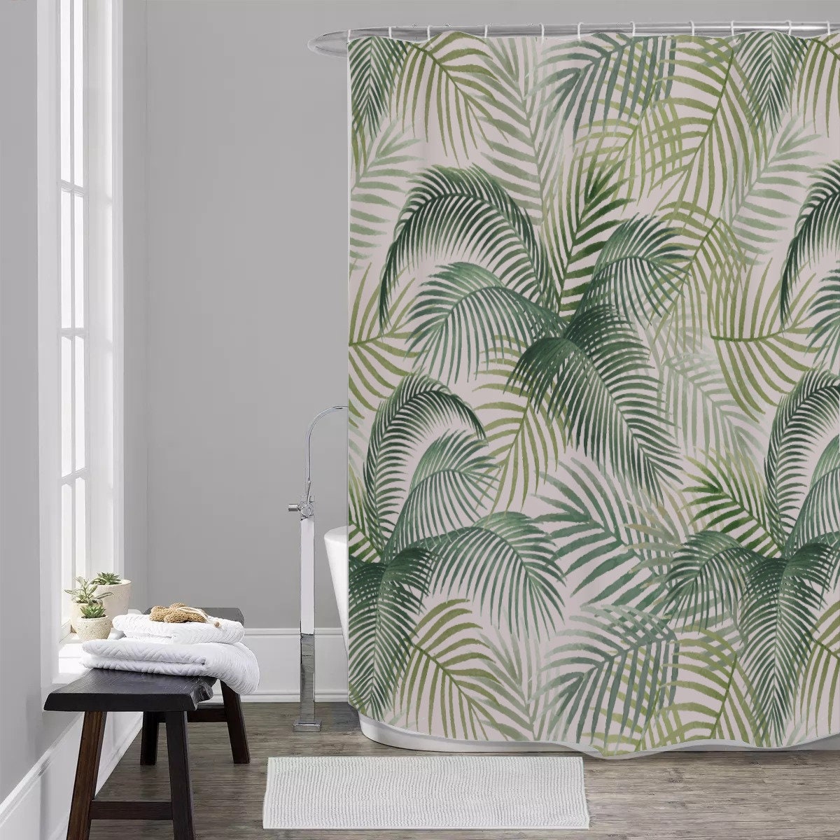 Colorful Jungle Leaves Shower Curtain Set for Decorative Bathroom