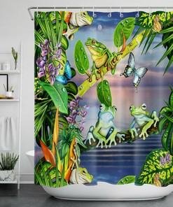Colorful Jungle Print Frog and Butterfly Shower Curtain for a Fun and Earthy Bathroom