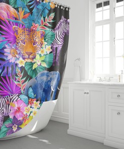 Colorful Jungle Shower Curtain with Fun Tropical Animals like Zebra, Flamingo, Elephant, Butterfly and Flowers 
