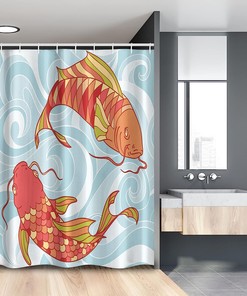 Colorful Koi Fish Shower Curtain | Swirled Sea Waves Japanese Art | Cloth Fabric Bathroom Decor (Blue Orange)