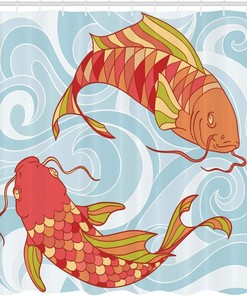 Colorful Koi Fish and Sea Waves Shower Curtain, Cloth Fabric Bathroom Decor in Japanese Oriental Art Design