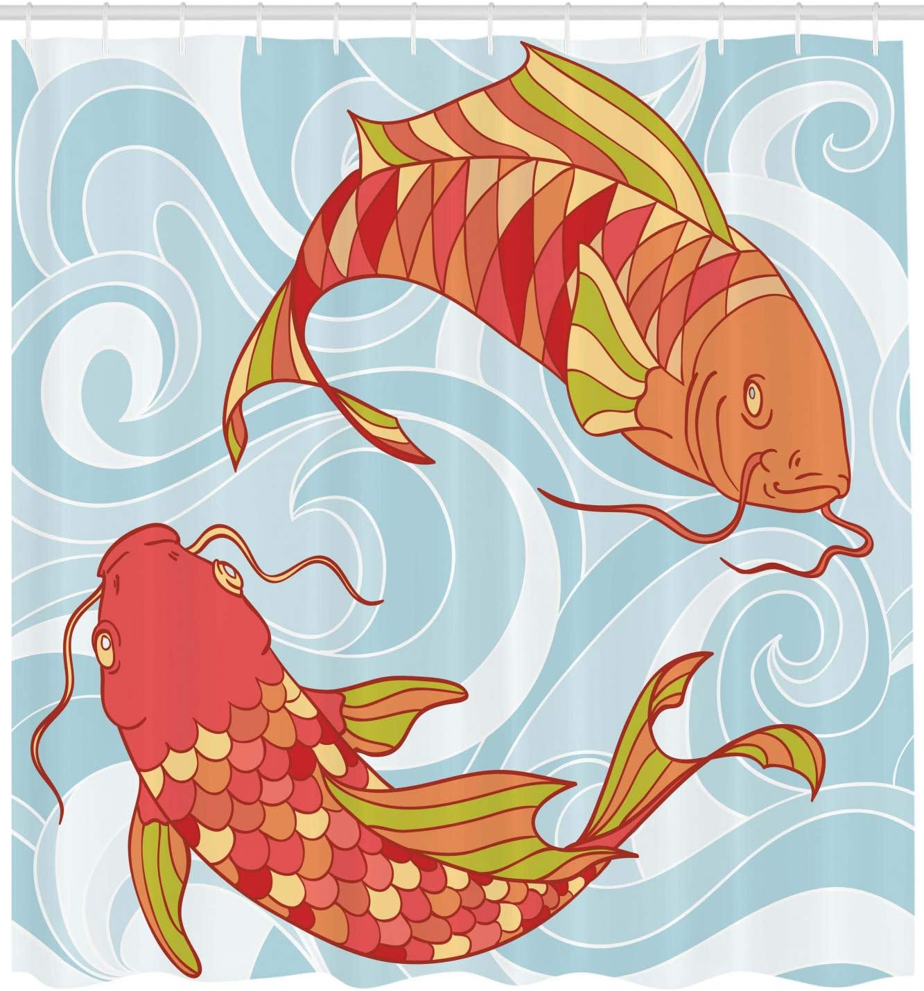 Colorful Koi Fish and Sea Waves Shower Curtain, Cloth Fabric Bathroom Decor in Japanese Oriental Art Design