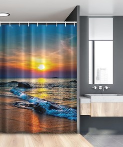 Colorful Last Sun Rays Over The Sea Waves Reflections Tropics Stall Shower Curtain, Fabric Bathroom Decor - Umber Orange