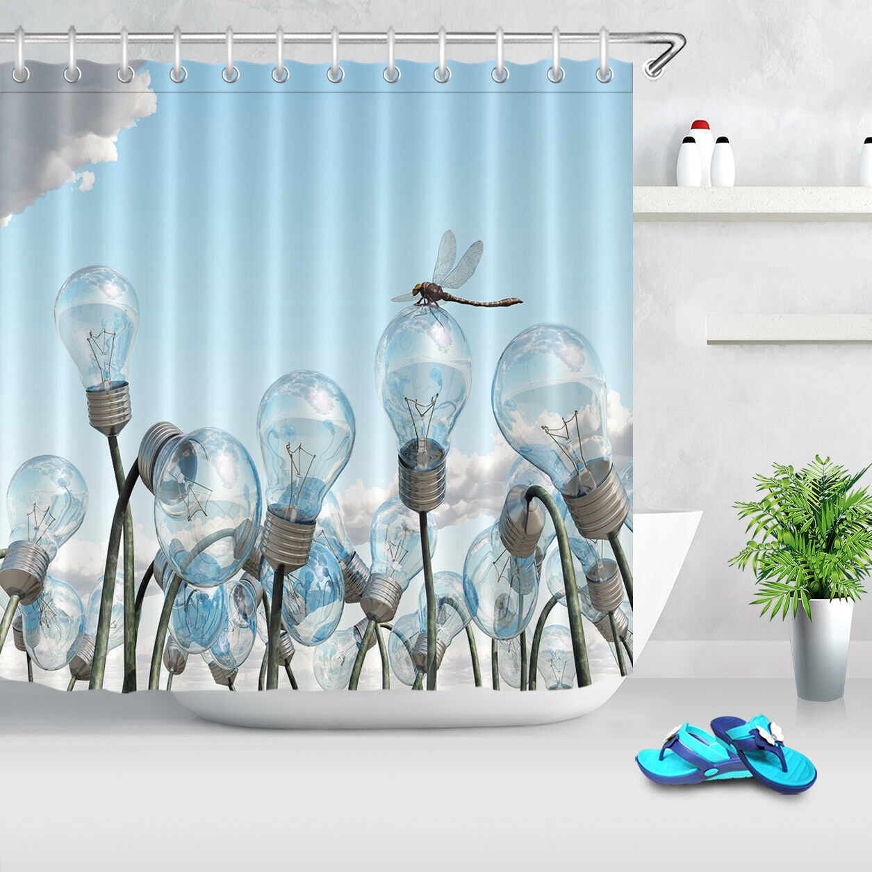 Colorful Light Bulbs And Dragonfly Print Shower Curtain For Bathroom Decor - Image 2
