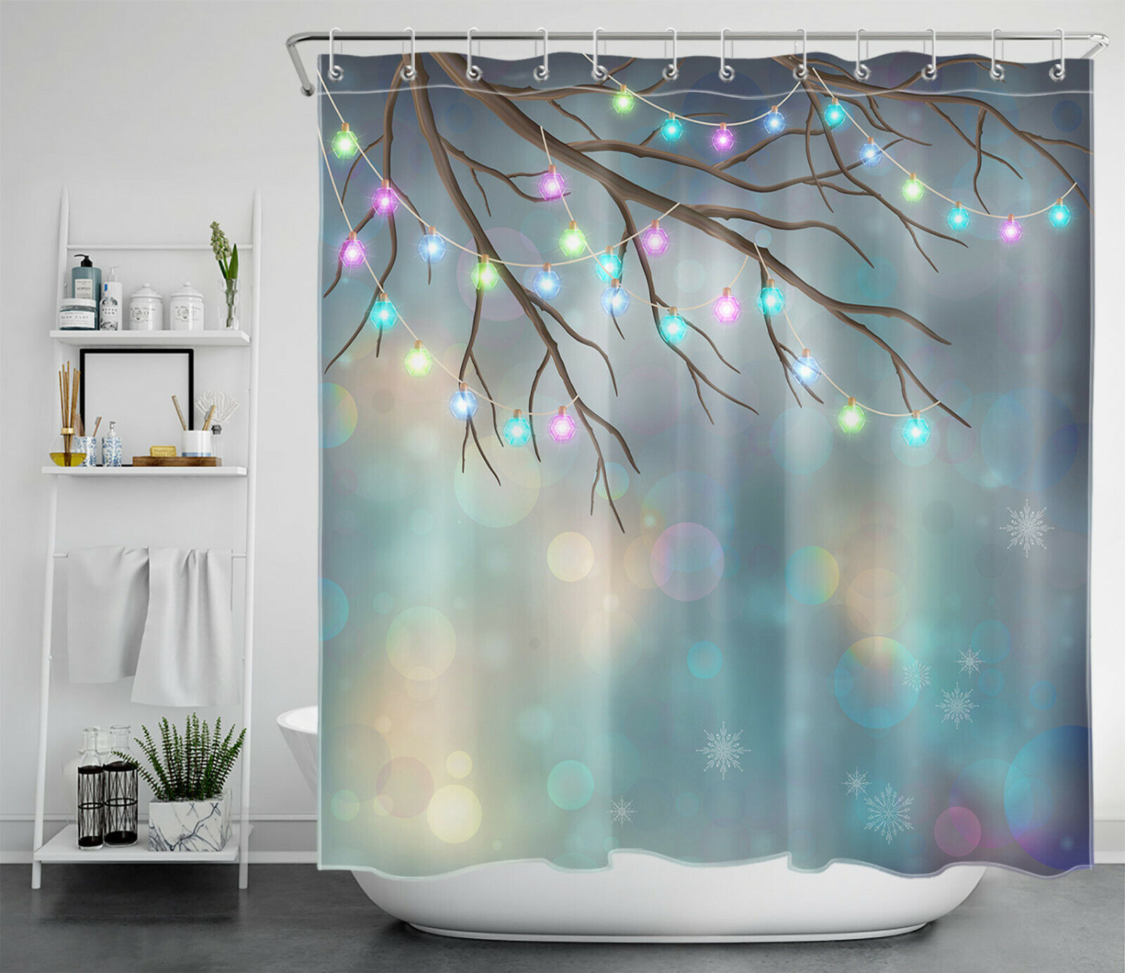 Colorful Lights And Snowflakes Christmas Shower Curtain - Halo Bathroom Accessory - Image 2