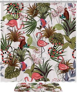 Colorful Lotus Leaves And Flamingos Shower Curtain With Waterproof Fabric, Ideal Bathroom Decor For Vibrancy