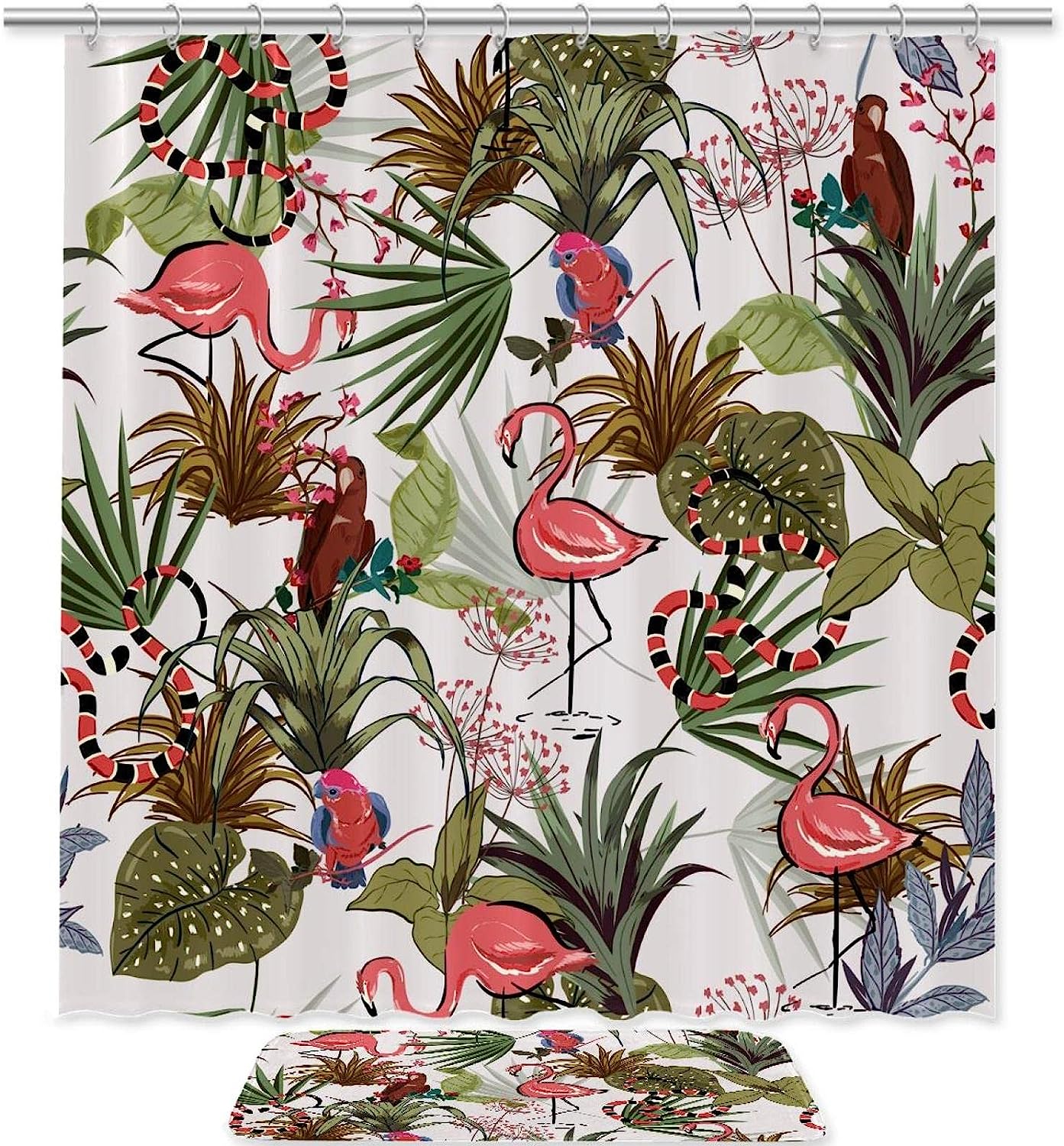 Colorful Lotus Leaves And Flamingos Shower Curtain With Waterproof Fabric, Ideal Bathroom Decor For Vibrancy
