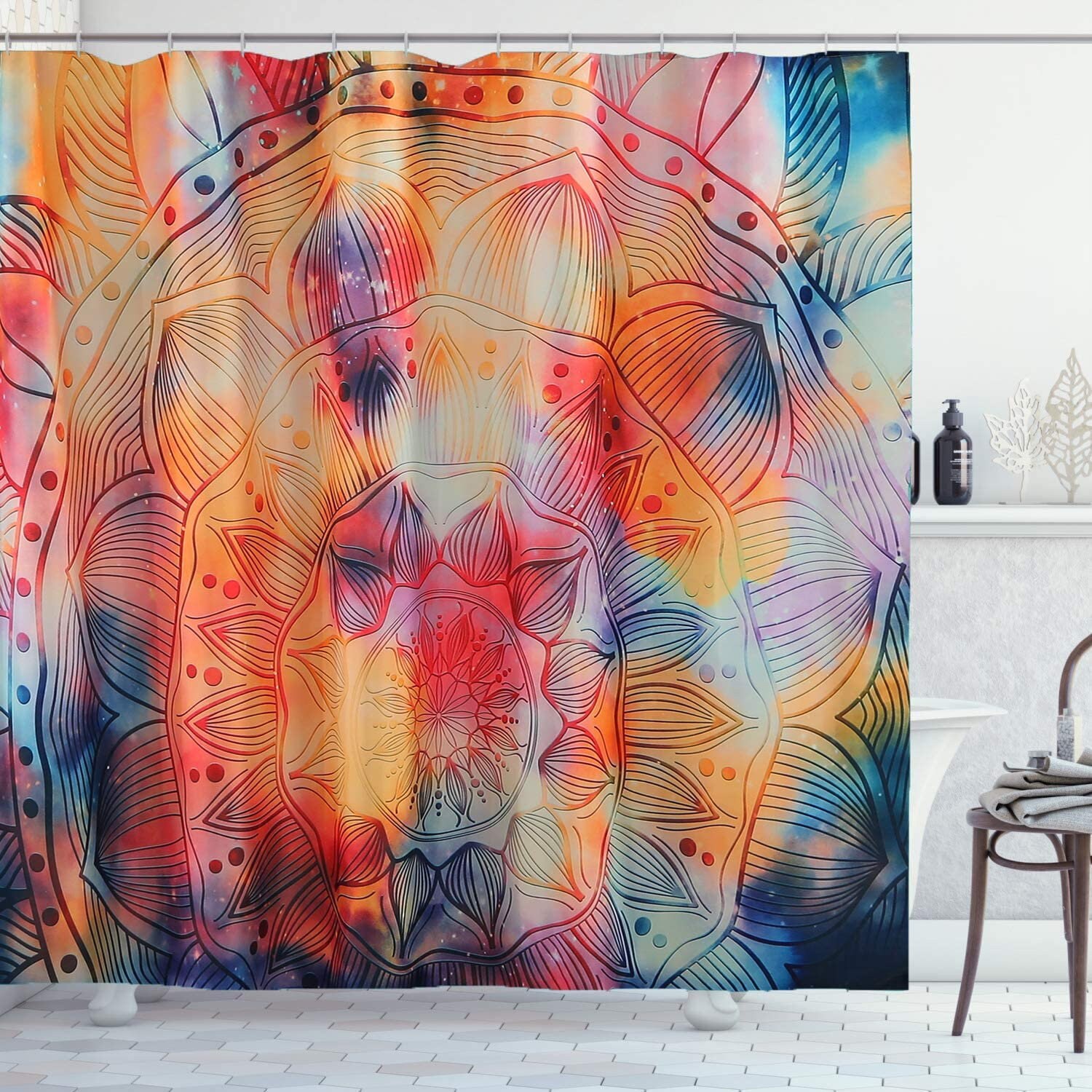 Colorful Mandala Flower Shower Curtain With Water Resistant Material For Easy Maintenance