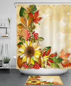 Colorful Maple Leaves And Sunflower Shower Curtain For Autumn Bathroom Decor.