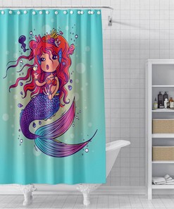 Colorful Maximalist Kids Shower Curtain with Little Mermaid Design