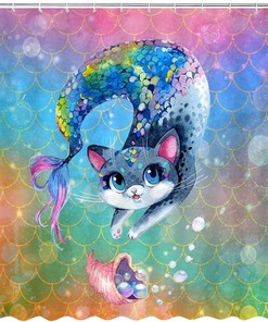Colorful Mermaid Scales Shower Curtain with Rainbow Cartoon Cat Theme for Your Bathtub